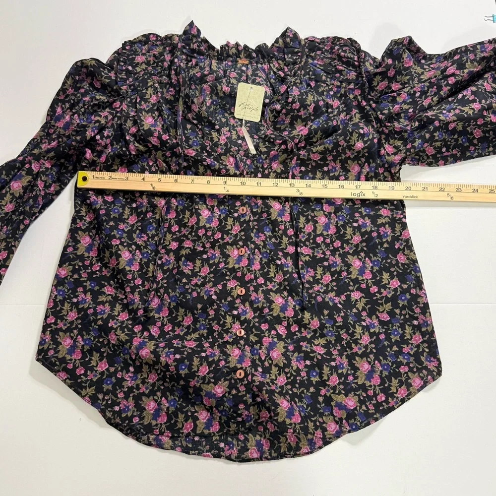Boho Floral Free People Puff Sleeve Cotton Blouse Black NWT Size XS Extra Small